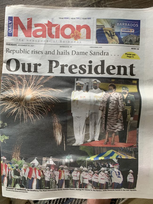 Cover of The Nation newspaper on 30 Novemeber 2021 after Barbados became a republic